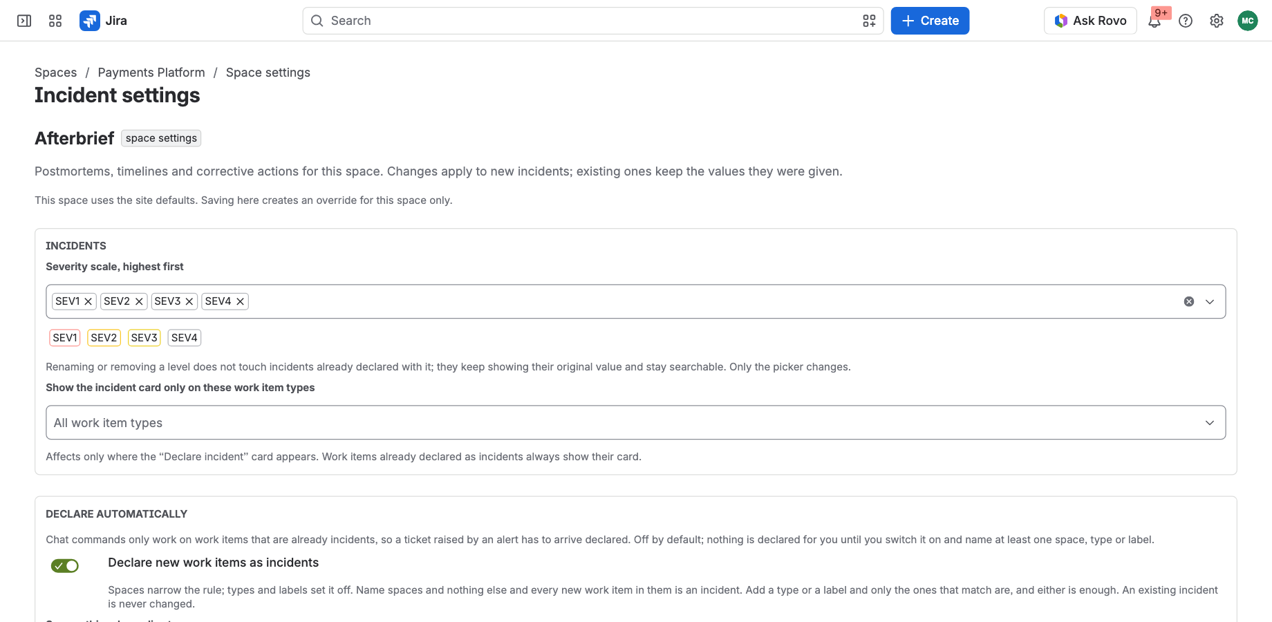 Incident settings for a space: the severity scale, which work item types show the card, and automatic declaration.